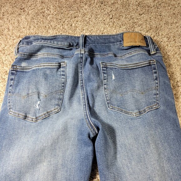 American Eagle Jeans Mens 34x30.5 Tag 34x32 Skinny Dark Wash Distressed - Picture 7 of 8